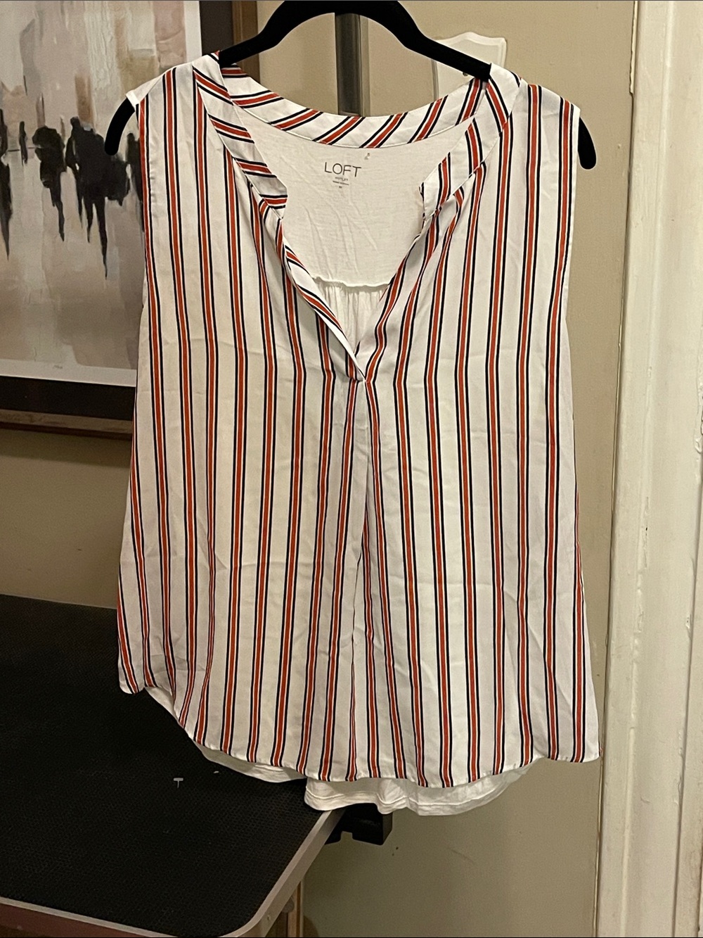 LOFT White Sleeveless Striped Camisole with Red & Black Vertical Stripes READ